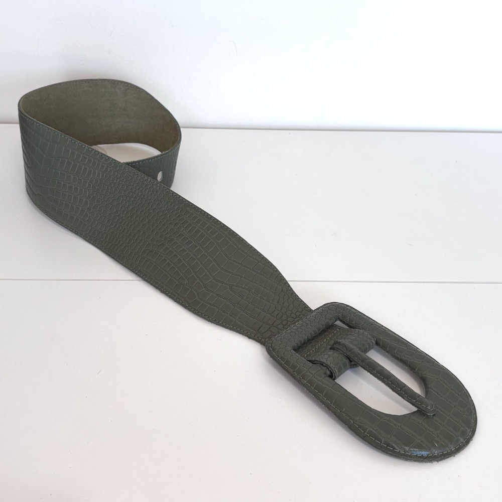 Express Vintage 90s Croc Embossed Leather Belt Small Green Wide Statement Retro